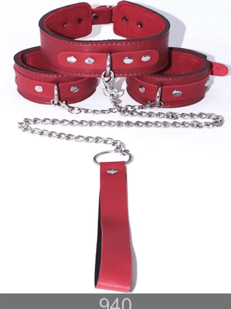 Redsaks İkili Fantezi Set Tasma Kelepçe Kırmızı
