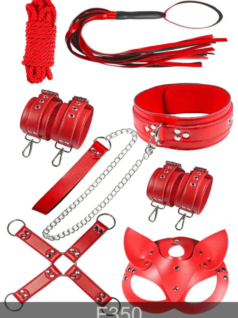 Redsaks Kırmızı Dokunuş 7 Parça Ayarlanabilir Deri Seti Maskeli Zincirli Fantezi Takımı