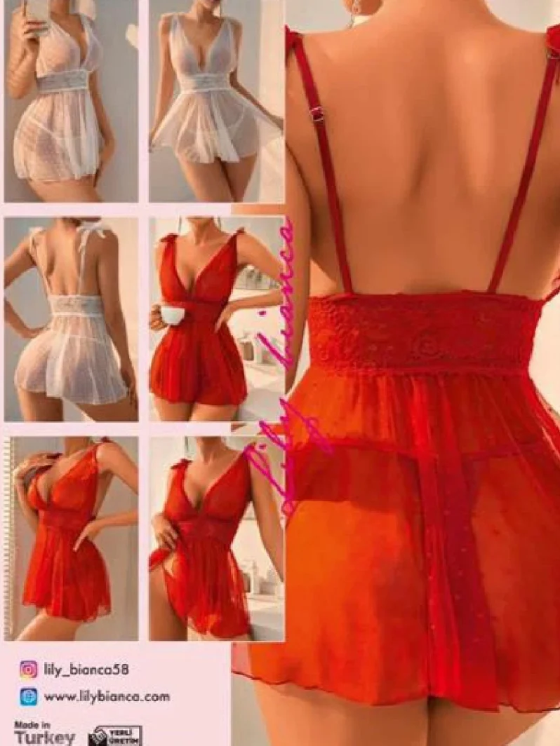 Puantiyeli Tül Babydoll Kırmızı
