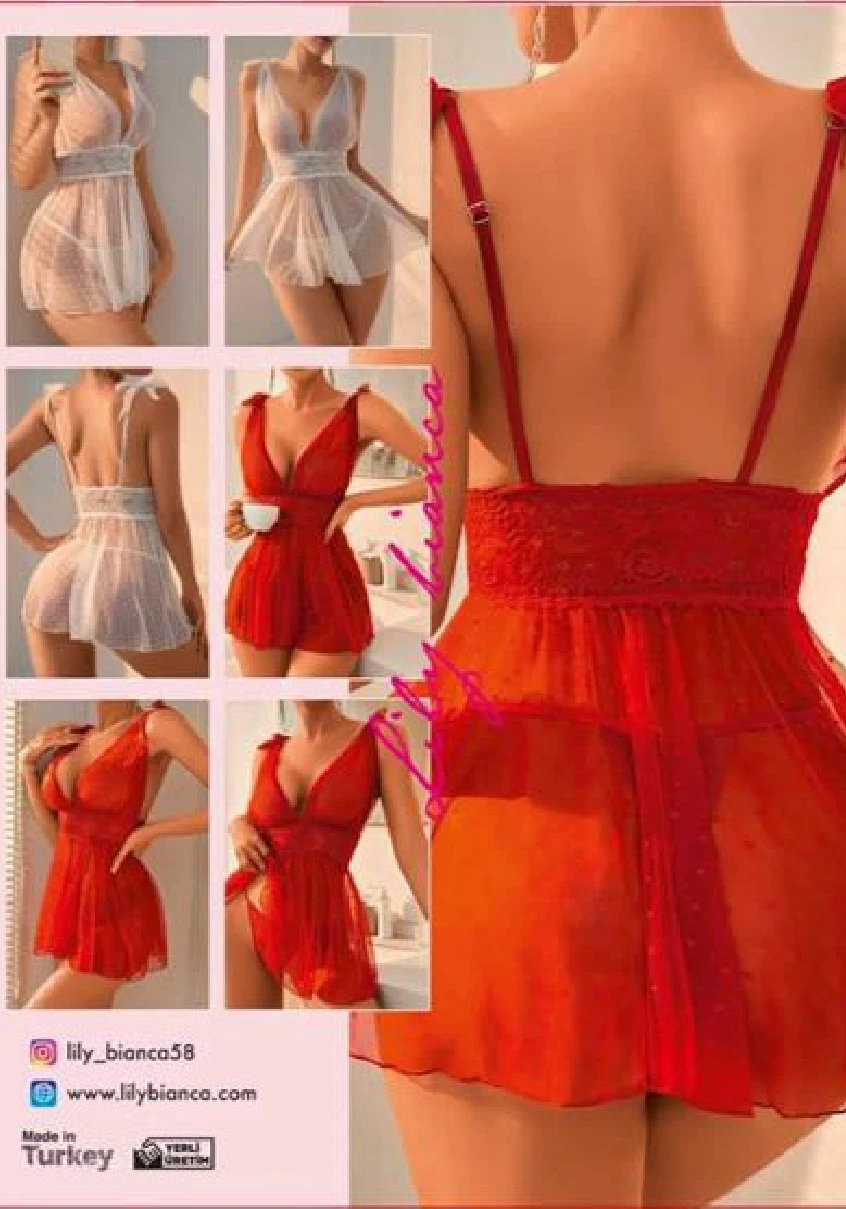 Puantiyeli Tül Babydoll Kırmızı