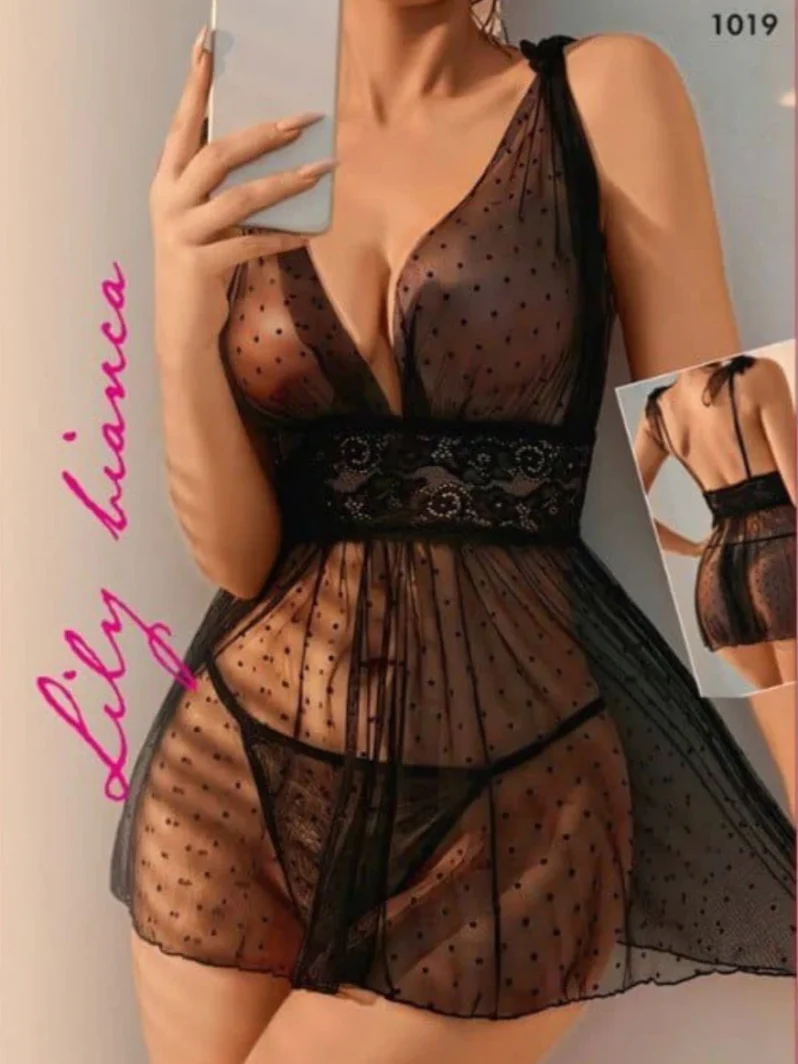 Puantiyeli Tül Babydoll Siyah - arka gorunum