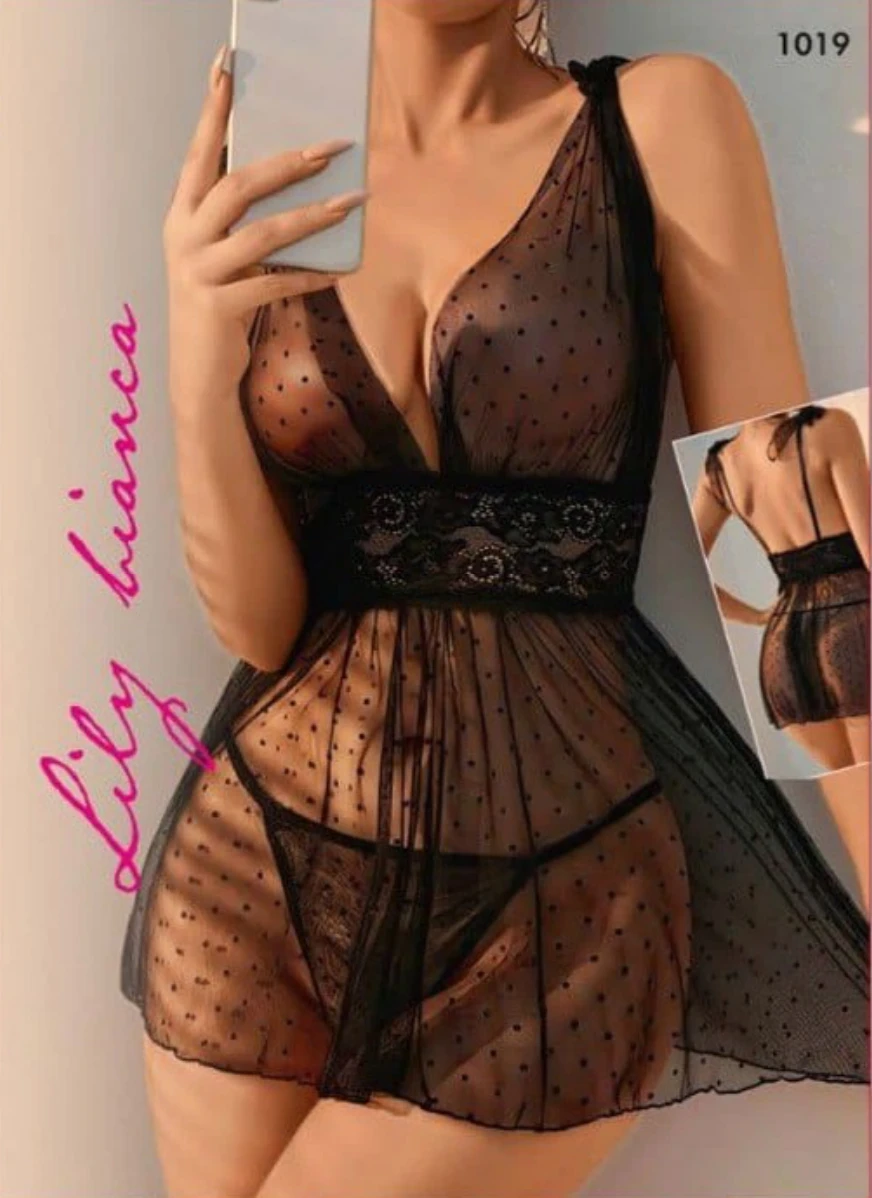 Puantiyeli Tül Babydoll Siyah - arka gorunum