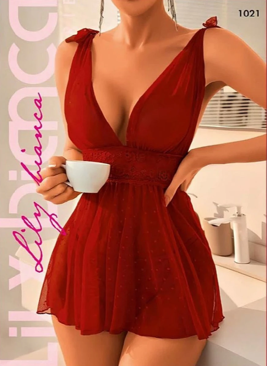 Düz Tül Babydoll Bordo - arka gorunum