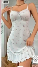 Çiçek Desenli Fırfırlı Gecelik Beyaz-Pembe