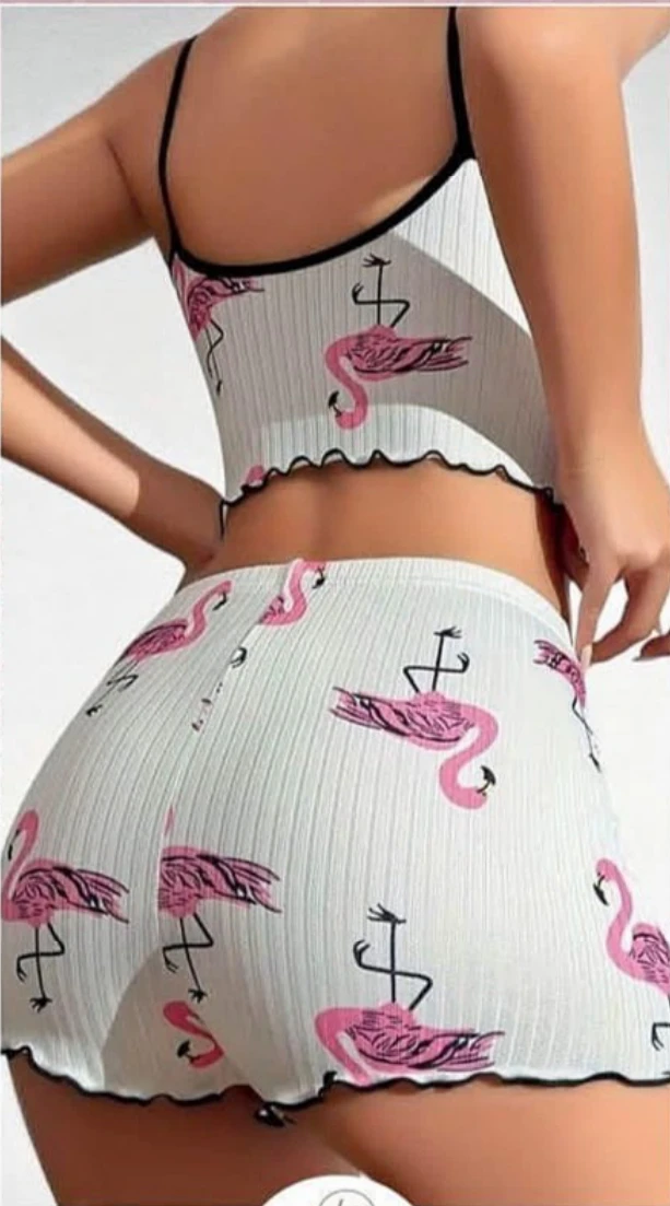Flamingo Desenli Şort Takım Beyaz-Pembe