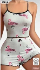 Flamingo Desenli Şort Takım Beyaz-Pembe