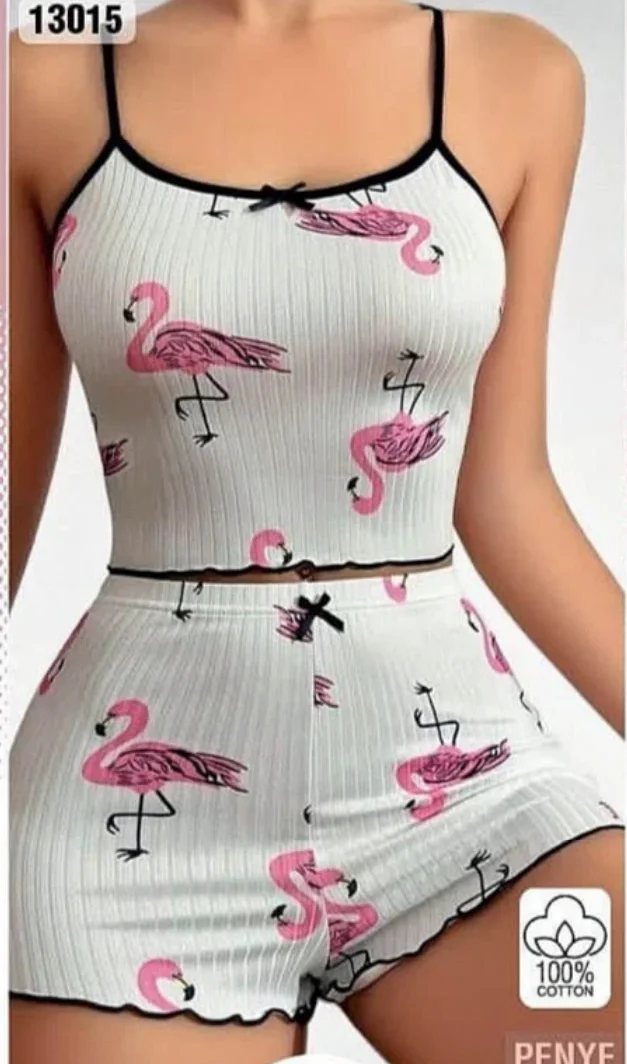 Flamingo Desenli Şort Takım Beyaz-Pembe - arka gorunum