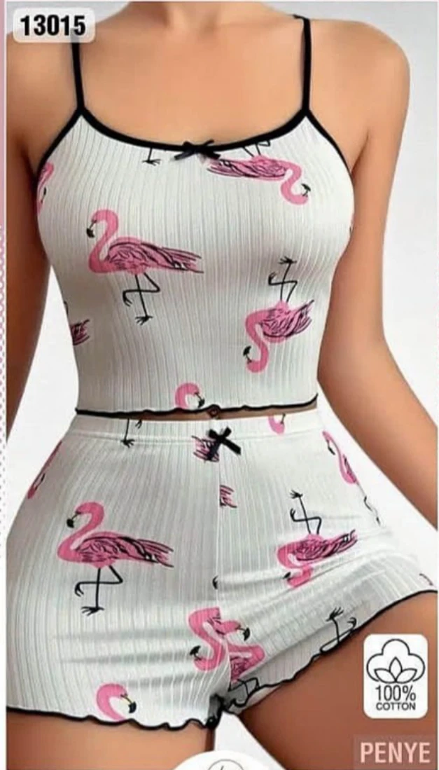 Flamingo Desenli Şort Takım Beyaz-Pembe - arka gorunum