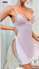 Düz Yırtmaçlı Dantelli Saten Gecelik Beyaz-Pembe