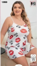 Kiss Me Baskılı Büyük Beden Gecelik Beyaz-Kırmızı