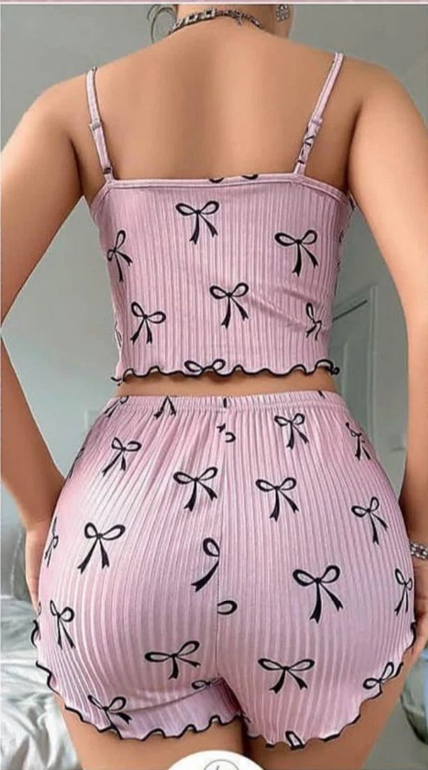 Fiyonk Desenli Fırfırlı Şort Takım Pembe-Siyah