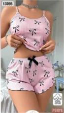 Fiyonk Desenli Fırfırlı Şort Takım Pembe-Siyah