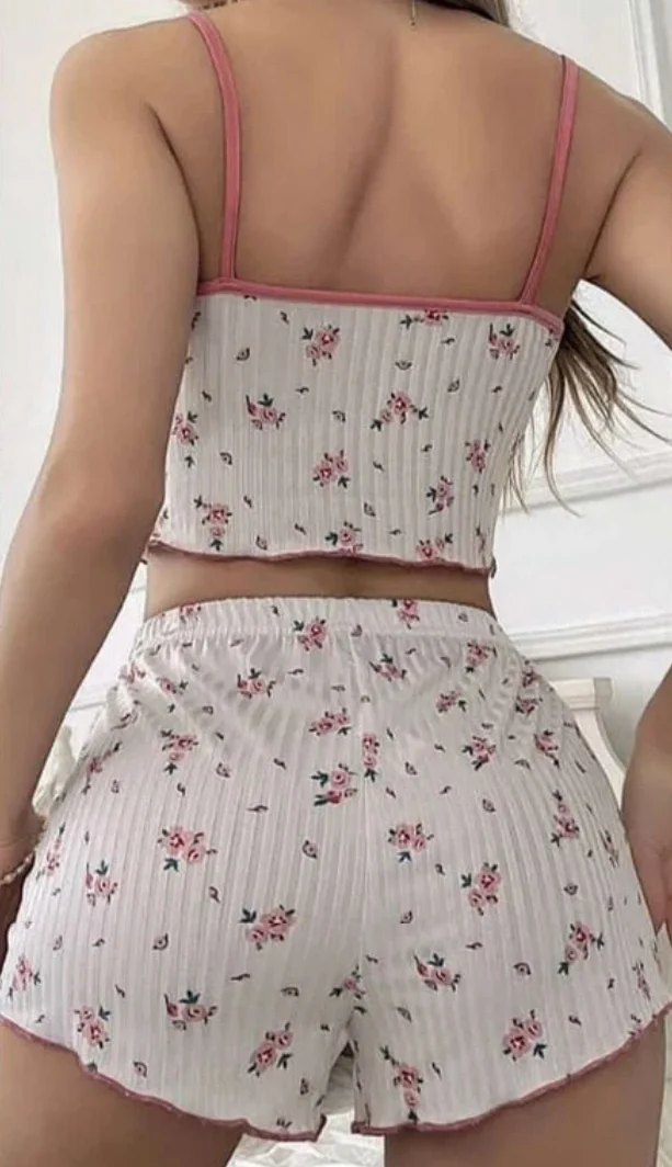 Çiçek Desenli Bralet Şort Takım Beyaz-Pembe