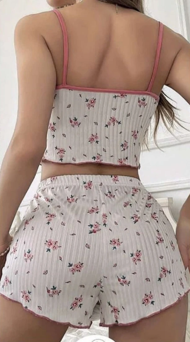 Çiçek Desenli Bralet Şort Takım Beyaz-Pembe