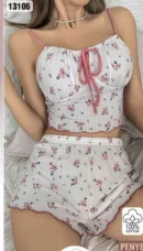 Çiçek Desenli Bralet Şort Takım Beyaz-Pembe