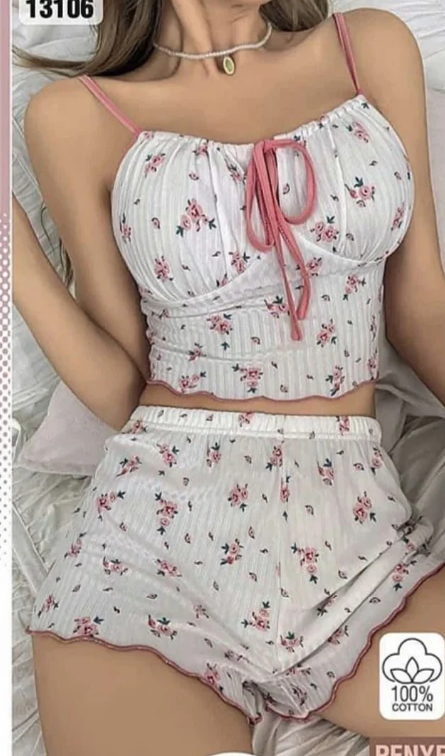 Çiçek Desenli Bralet Şort Takım Beyaz-Pembe - arka gorunum