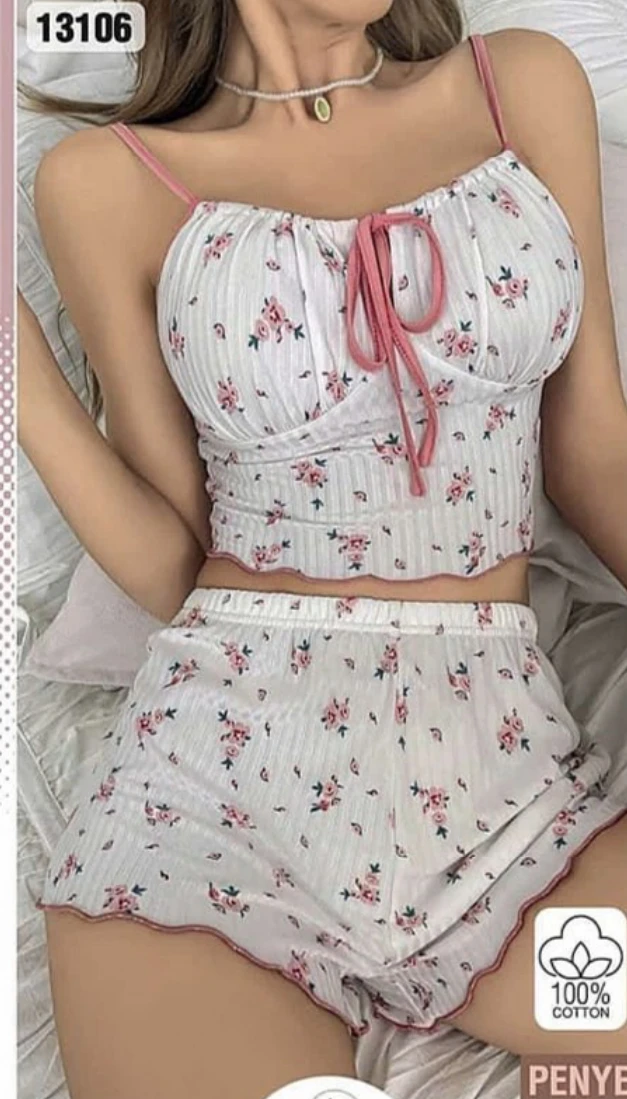 Çiçek Desenli Bralet Şort Takım Beyaz-Pembe - arka gorunum