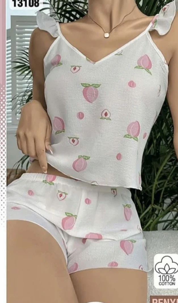 Şeftali Desenli Fırfırlı Şort Takım Beyaz