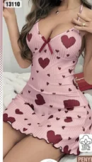 Kalp Desenli Askılı Gecelik Pembe-Bordo