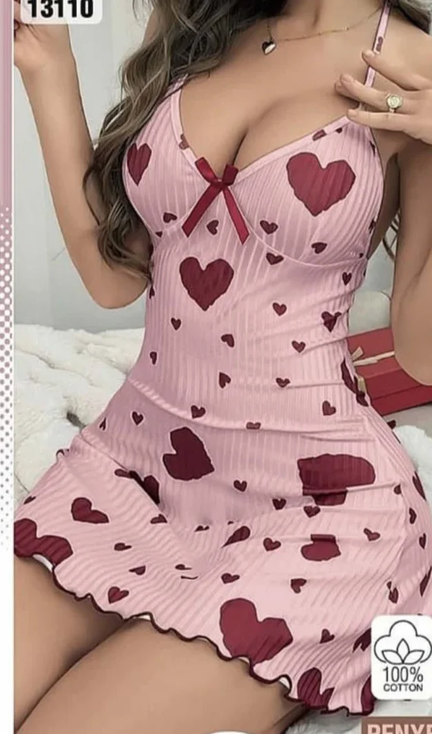 Kalp Desenli Askılı Gecelik Pembe-Bordo