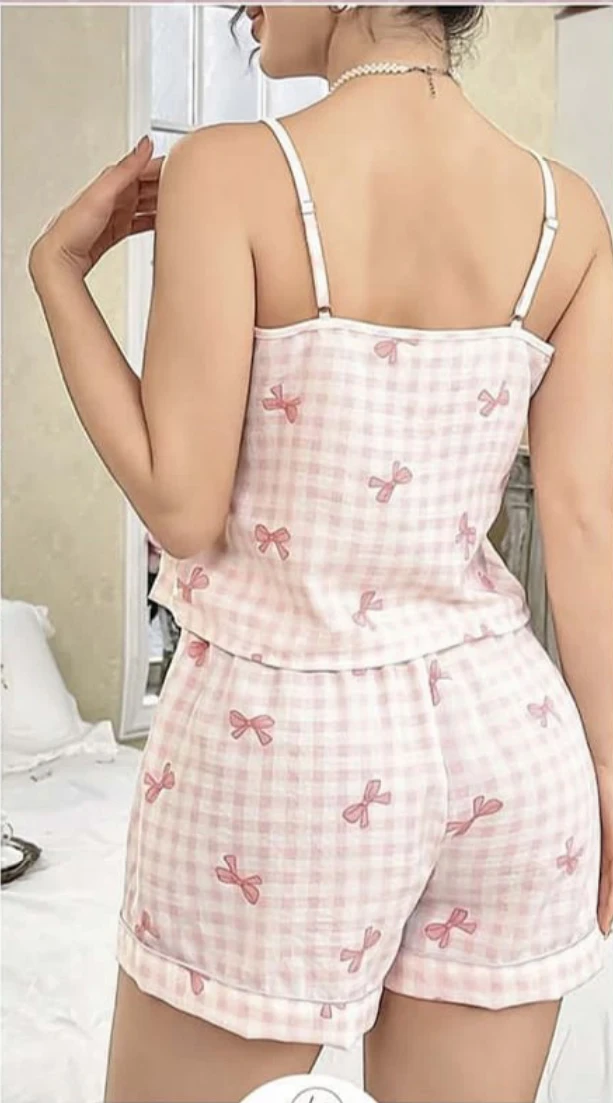 Kareli Fiyonk Desenli Şort Takım Pembe