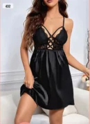 Çapraz Bağcıklı Dantelli Saten Babydoll Siyah