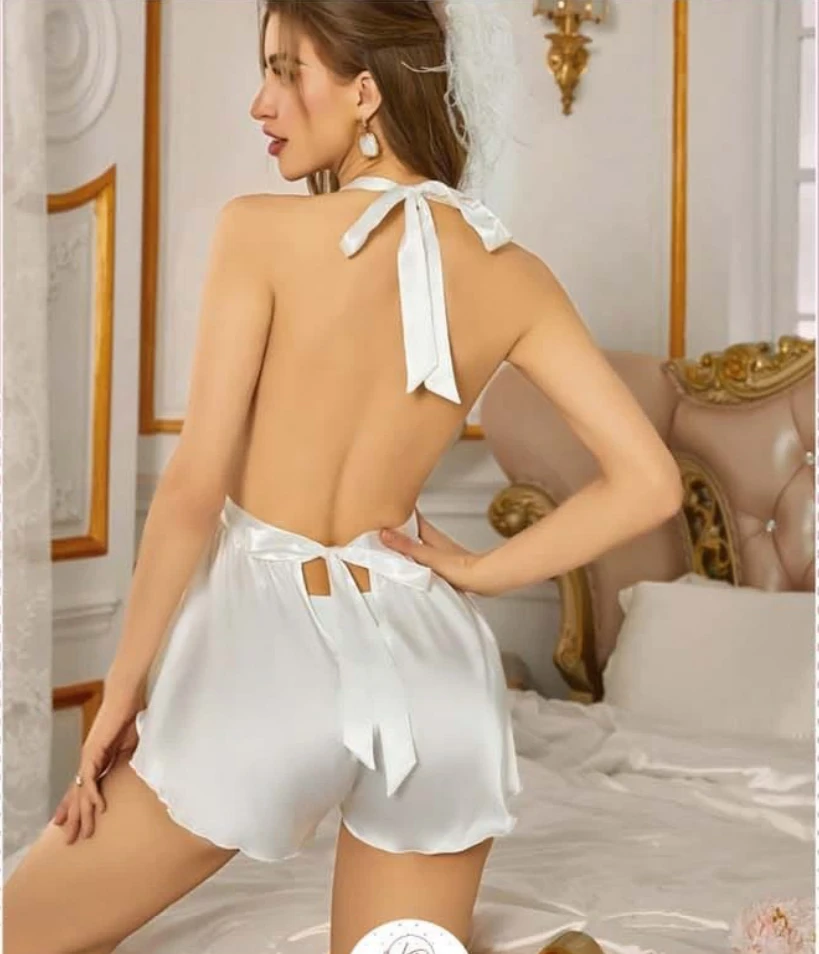 Halter Yaka Dantelli Saten Babydoll Beyaz