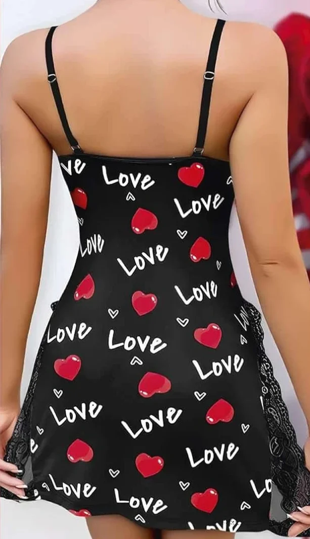 Love Kalp Yazılı Dantelli Yırtmaçlı Gecelik Siyah - arka gorunum