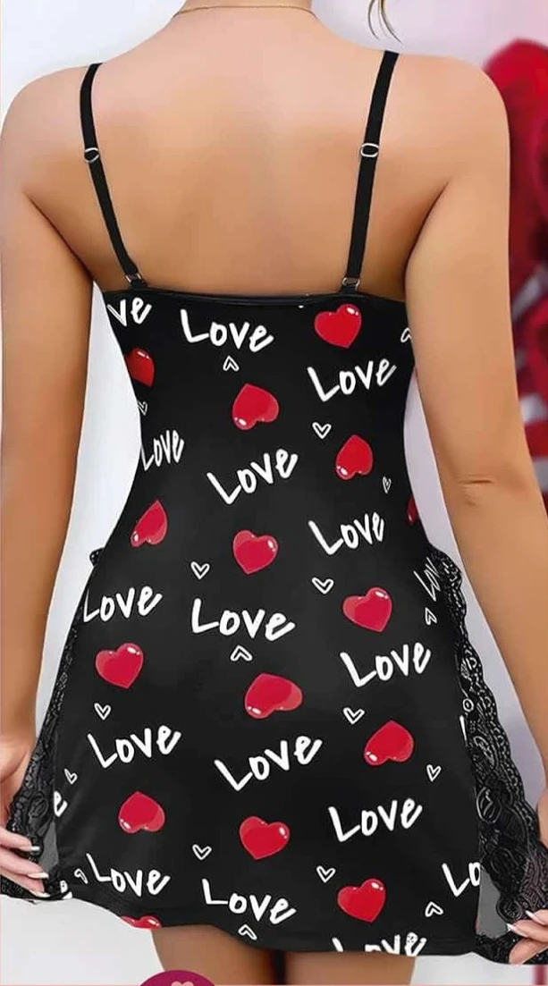 Love Kalp Yazılı Dantelli Yırtmaçlı Gecelik Siyah - arka gorunum