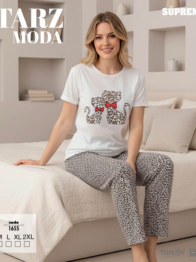 Toptan Tarz Moda Süprem Pijama Takımı - Leopar Fiyonklu (Kod 1655) | Uygun Fiyatli Tarz Moda Süprem Pijama Takımı - Leopar Fiyonklu (Kod 1655) - Toptan Ic Giyim Pazari
