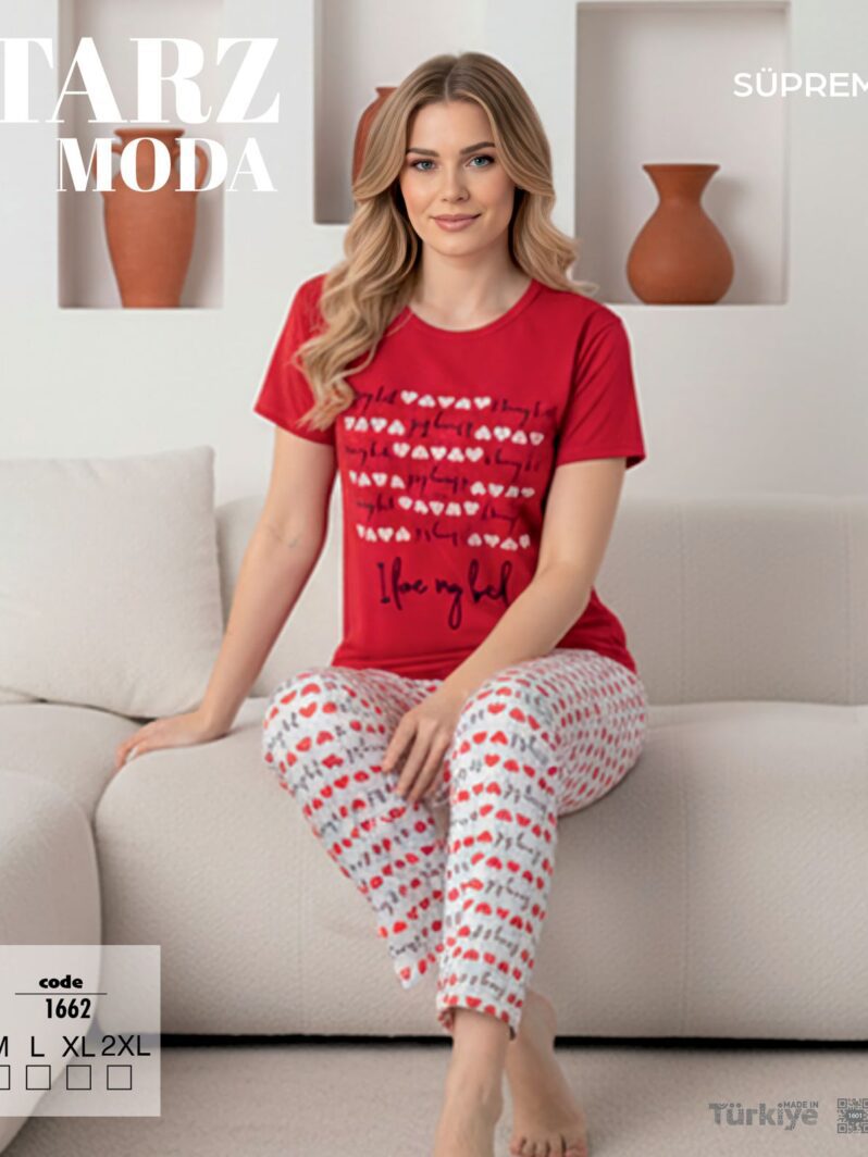 Toptan Tarz Moda Süprem Pijama Takımı - Kırmızı Yazılı (Kod 1662) | Uygun Fiyatli Tarz Moda Süprem Pijama Takımı - Kırmızı Yazılı (Kod 1662) - Toptan Ic Giyim Pazari