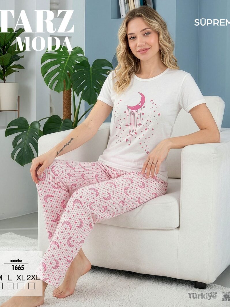 Toptan Tarz Moda Süprem Pijama Takımı - Pembe Ay Yıldız Desenli (Kod 1665) | Uygun Fiyatli Tarz Moda Süprem Pijama Takımı - Pembe Ay Yıldız Desenli (Kod 1665) - Toptan Ic Giyim Pazari